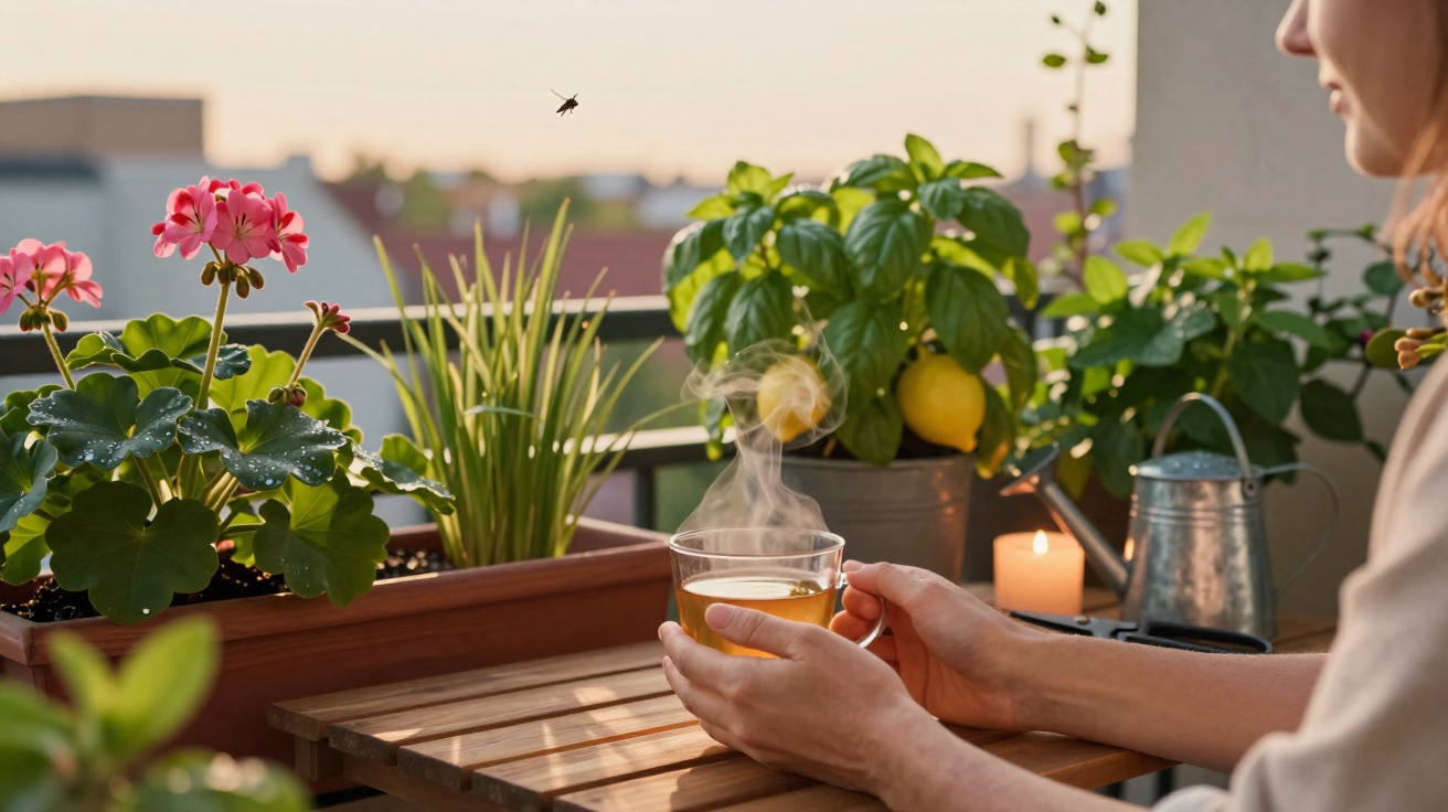 Person holding a steaming cup of tea on a balcony with flowering plants and a lemon tree at sunset.