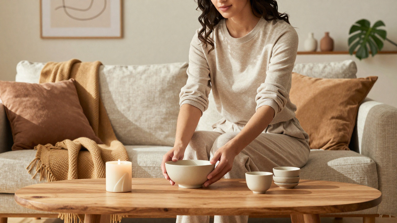 Woman placing ceramic bowl on wooden coffee table in cosy living room with beige and brown accents