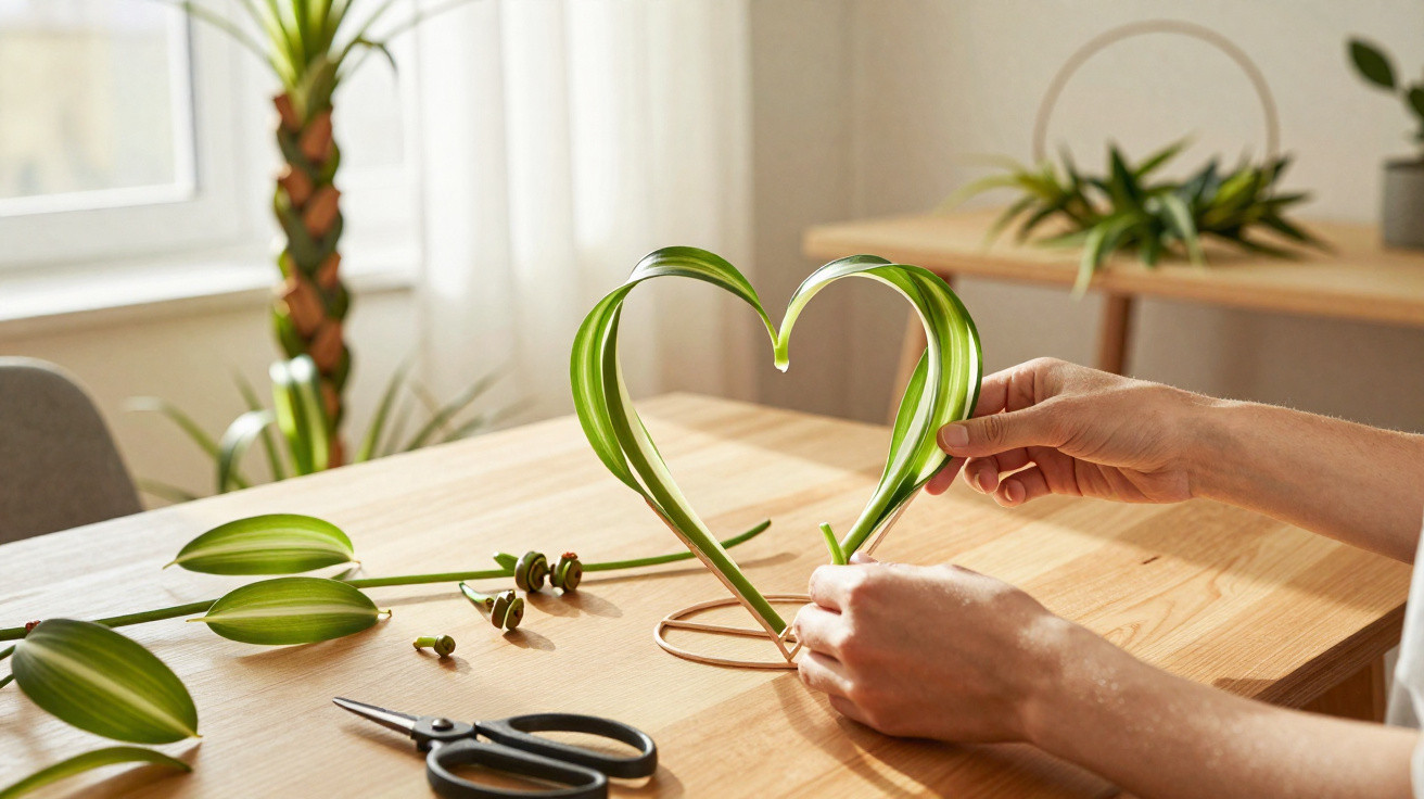 Hands shaping a green leaf into a heart on a wooden table with scissors and plant stems nearby.