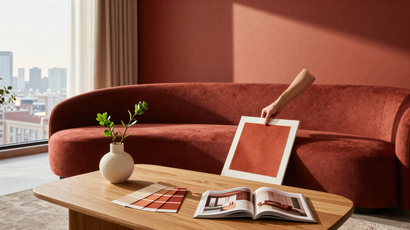 Hand holding red fabric sample above wooden table with colour swatches, book, and vase in front of red curved sofa.