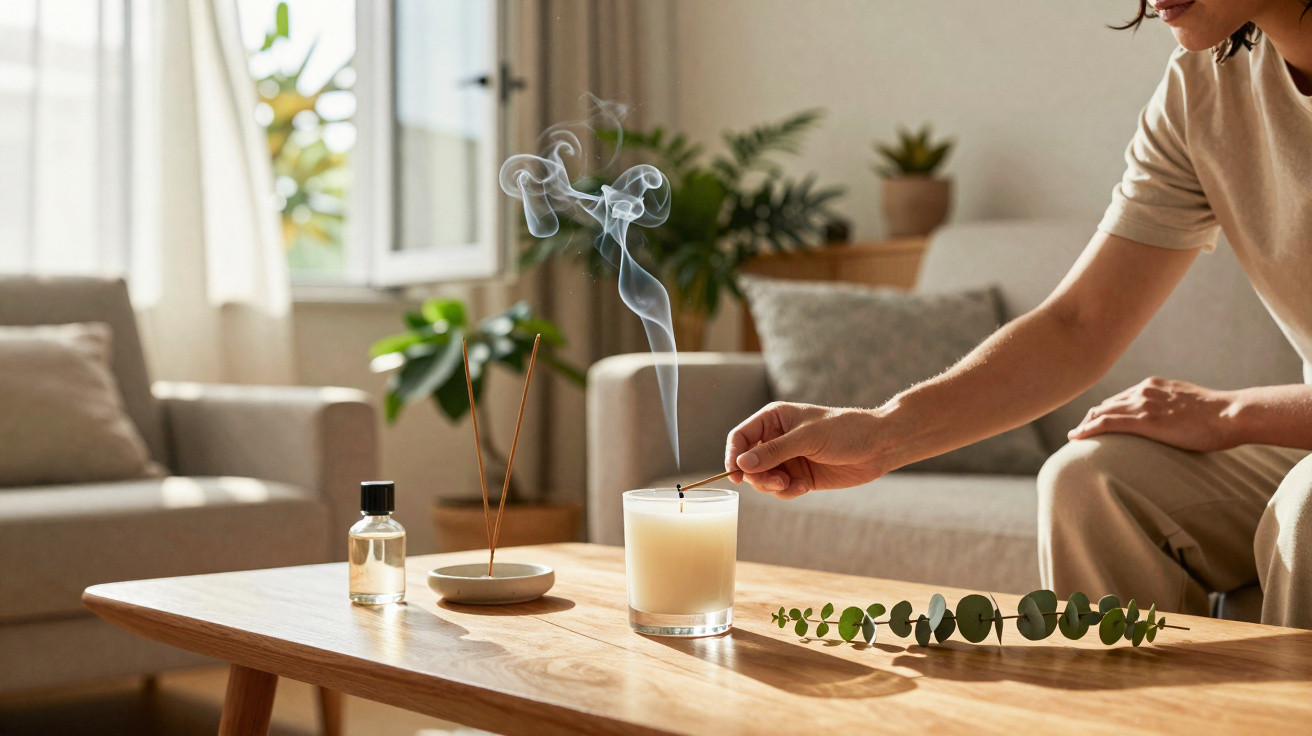 Person lighting a scented candle on a wooden table in a sunlit, plant-filled living room.