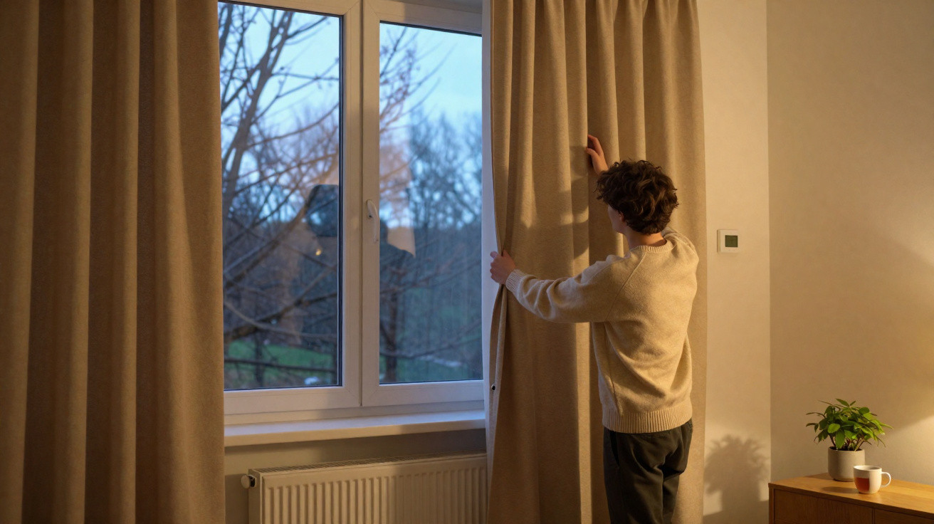 Person in a cream sweater closing beige curtains in a softly lit room with a window showing bare trees outdoors.