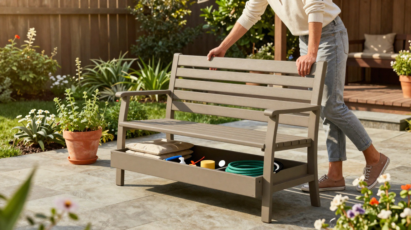Person moving a wooden garden bench with storage on a patio surrounded by plants and flowers.