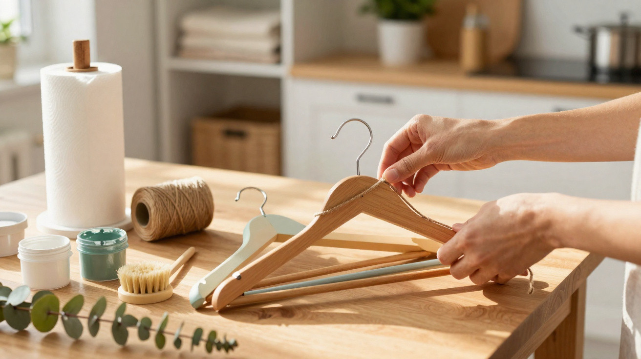 Hands decorating wooden clothes hangers with twine on a kitchen table with painting supplies nearby.