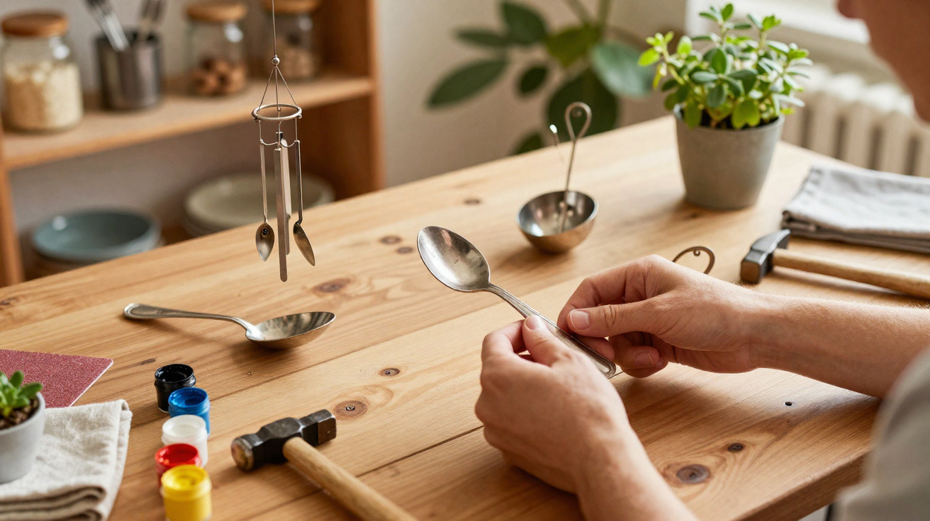 Person crafting a metal spoon wind chime on a wooden table with tools and paint pots nearby.