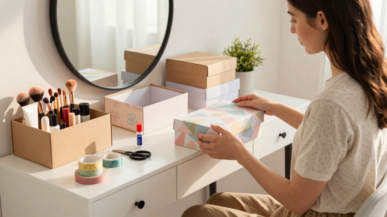 Woman sitting at a white dressing table organising gift boxes and makeup brushes in a bright room with natural light.
