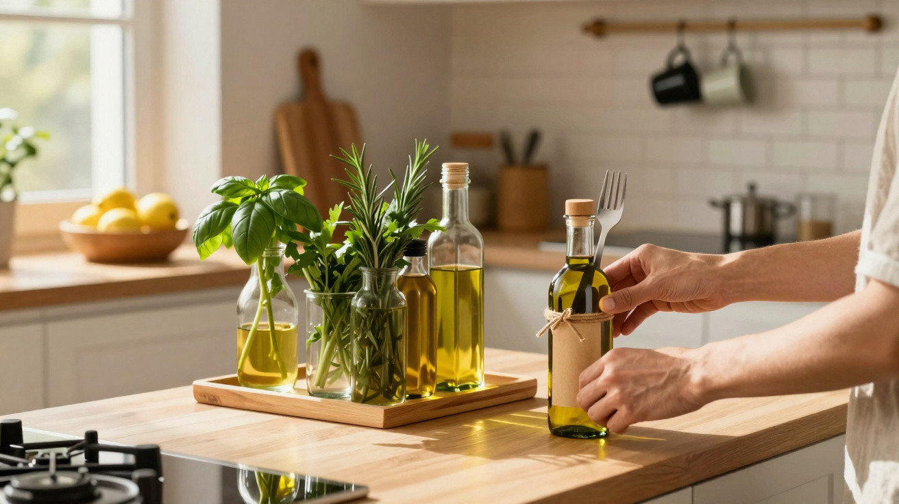 Person placing a bottle of olive oil on a kitchen countertop with herbs and oil bottles on a wooden tray.
