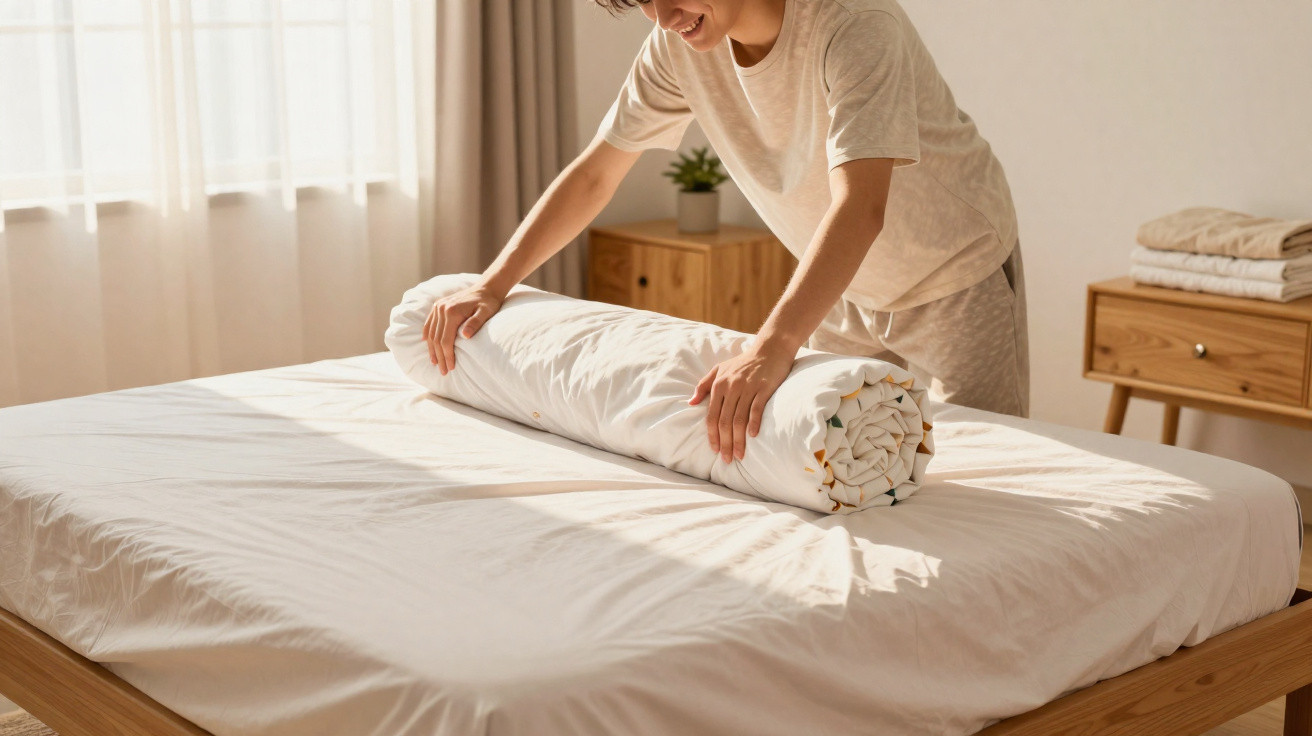 Person smiling while rolling up a duvet on a neatly made bed in a sunlit bedroom.