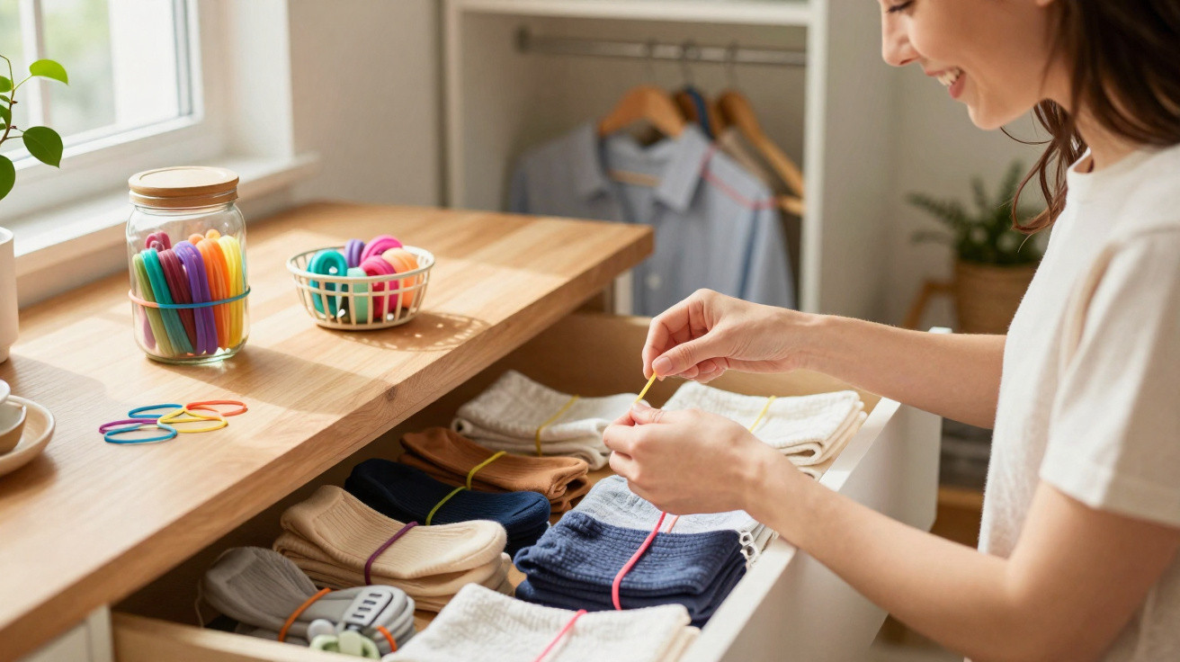 Woman organising socks in a drawer using coloured rubber bands in a bright, tidy room by a window.