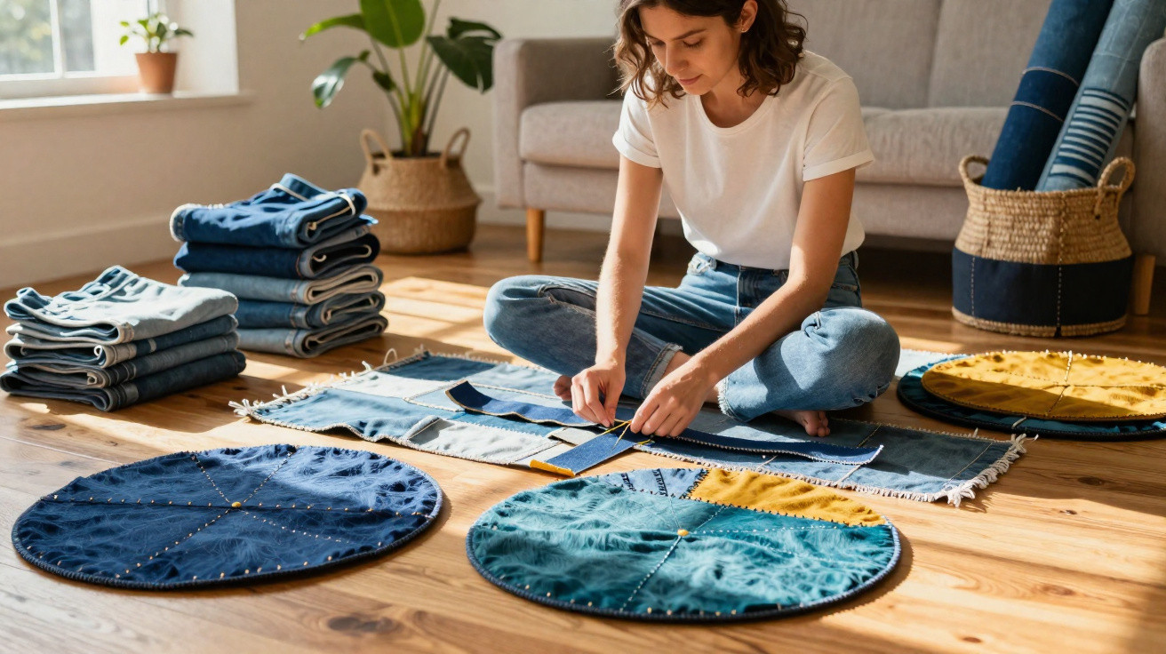 Woman sitting on wooden floor measuring fabric pieces for sewing with folded denim stacks and circular fabric mats nearby