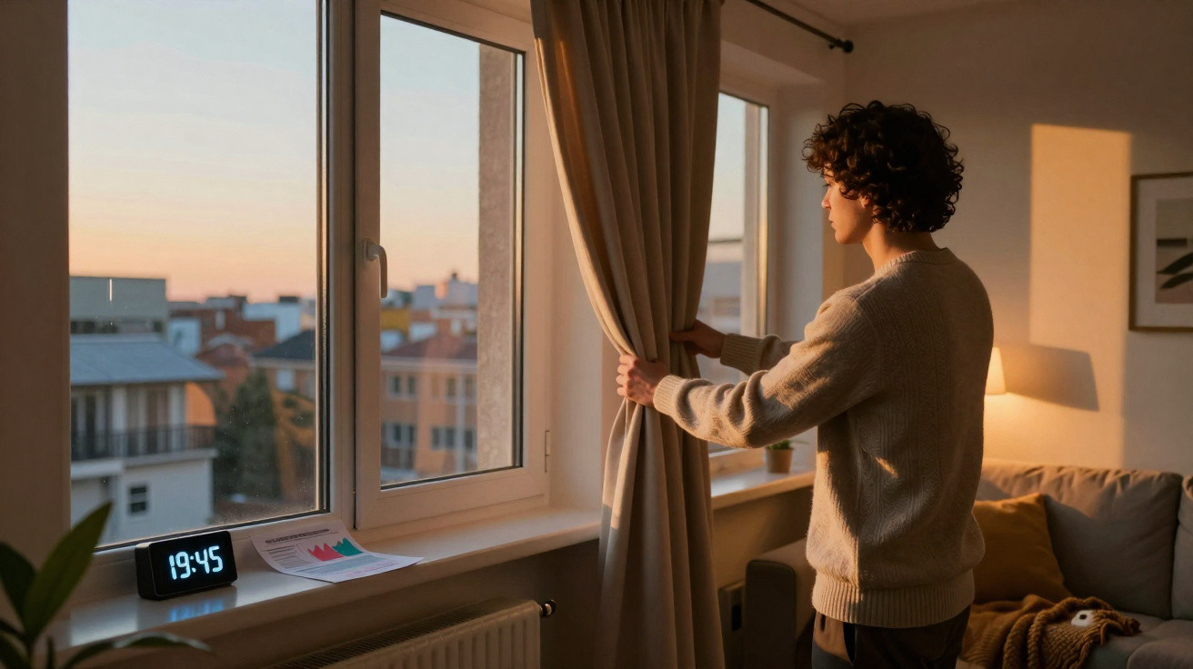 Young man opening curtains to a sunset view in a cozy living room at 19:45.