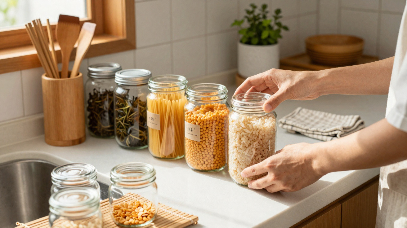 Person organising glass jars filled with pasta, lentils, and rice on a kitchen countertop near a window.