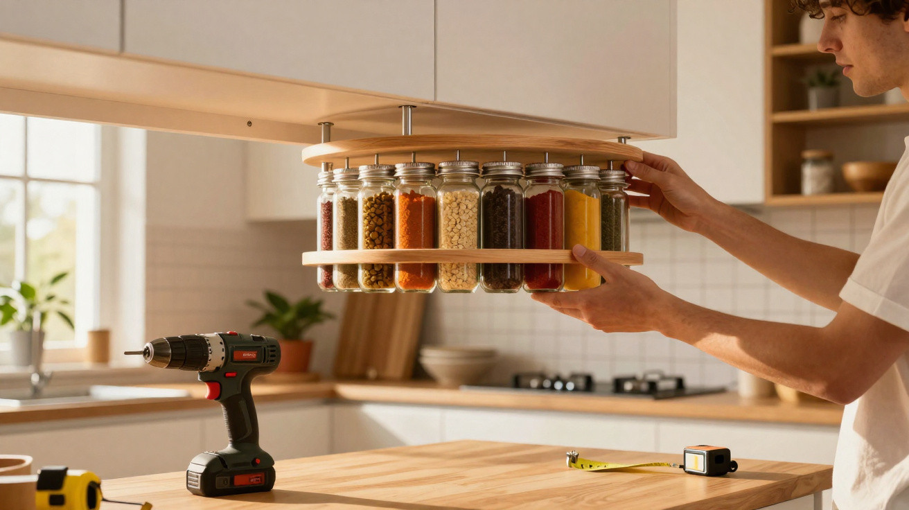 Person installing a rotating spice rack under a kitchen cabinet with various spices in glass jars.