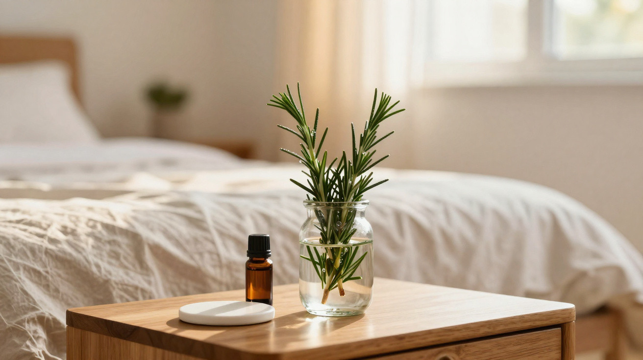 Glass jar with fresh rosemary and essential oil bottle on wooden bedside table in bright bedroom.
