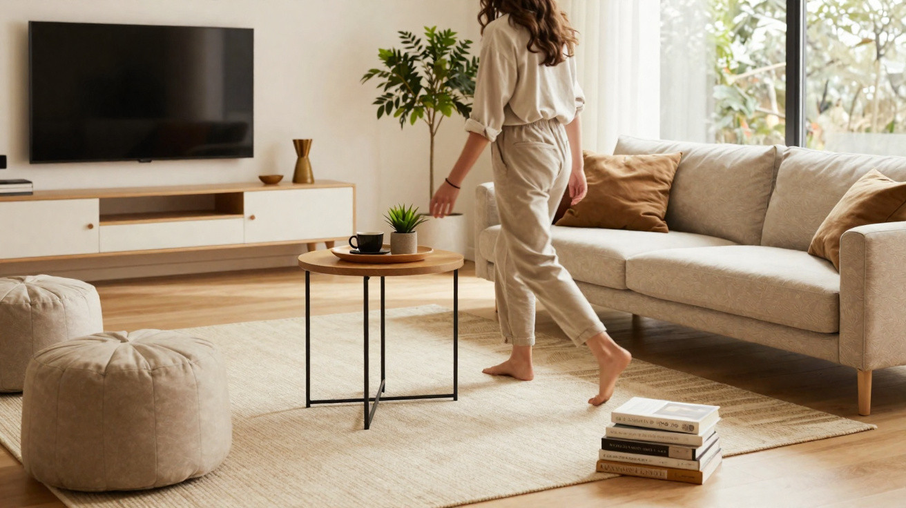 Woman walking barefoot in a bright living room with beige sofa, wooden table, poufs, and stacked books on rug.