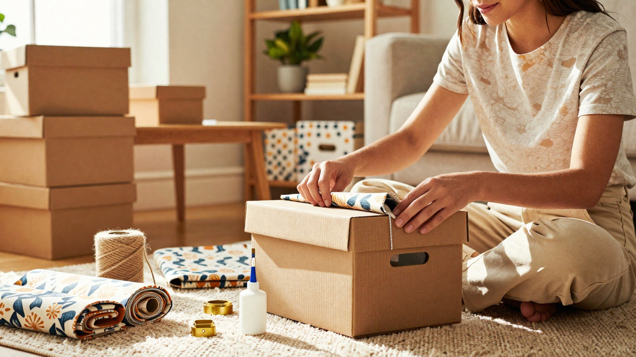 Person sitting on the floor wrapping a cardboard box with patterned paper and craft supplies nearby