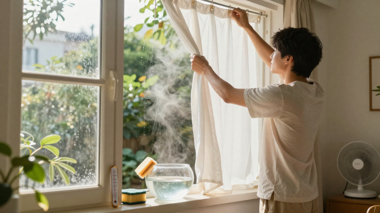 Person opening window curtains in bright room with steaming bowl and sponge on windowsill.