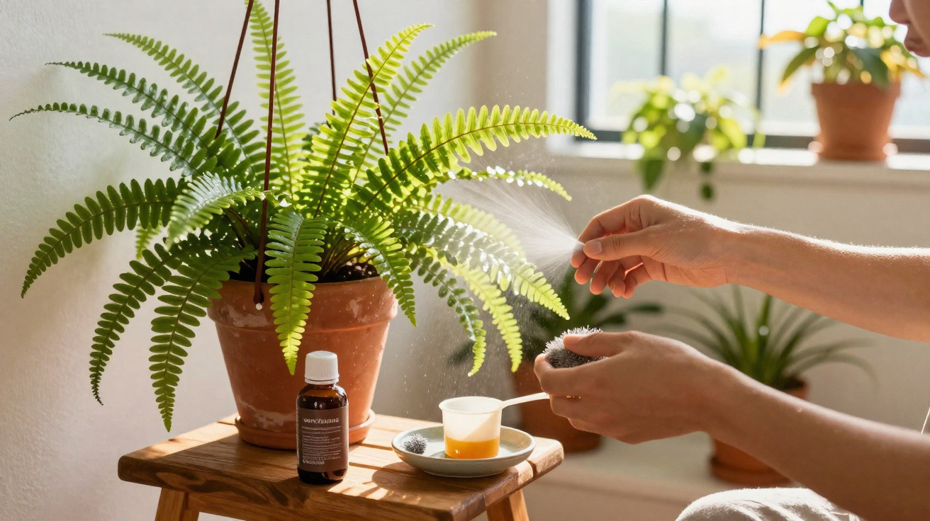 Hands spraying liquid onto a small plant next to a potted fern on a wooden stool by a sunlit window.
