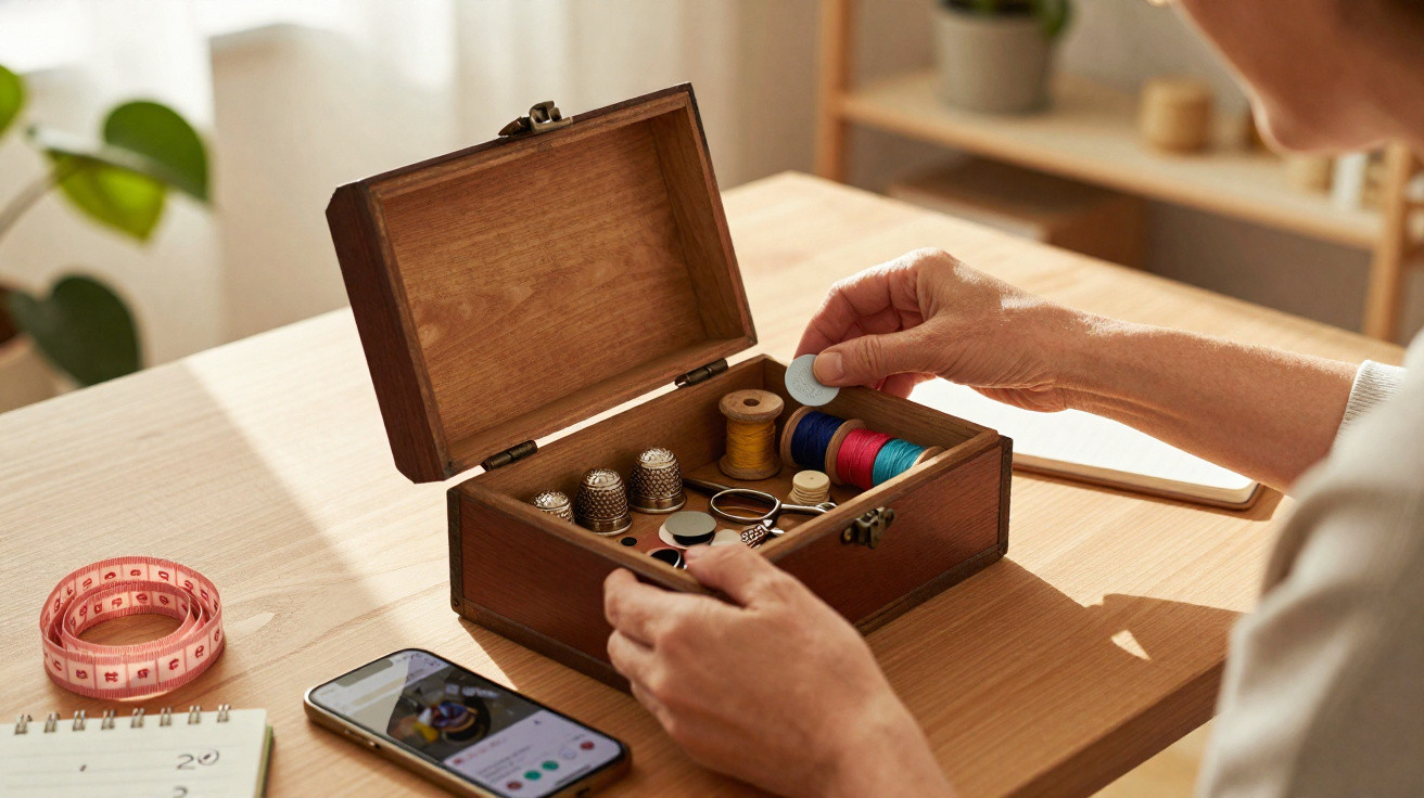 Person sorting sewing threads and tools in a wooden box on a sunlit table with phone and measuring tape nearby.
