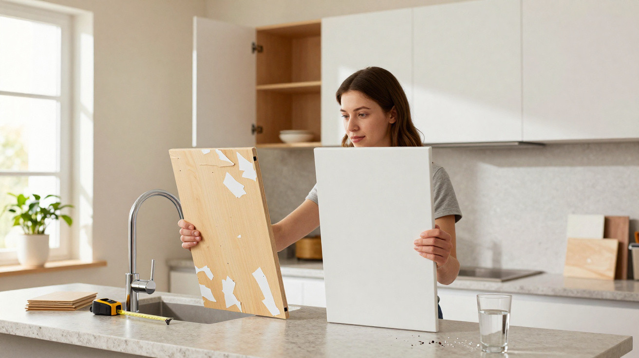 Woman assembling flat-pack furniture in a bright modern kitchen holding wooden panels on a marble countertop.