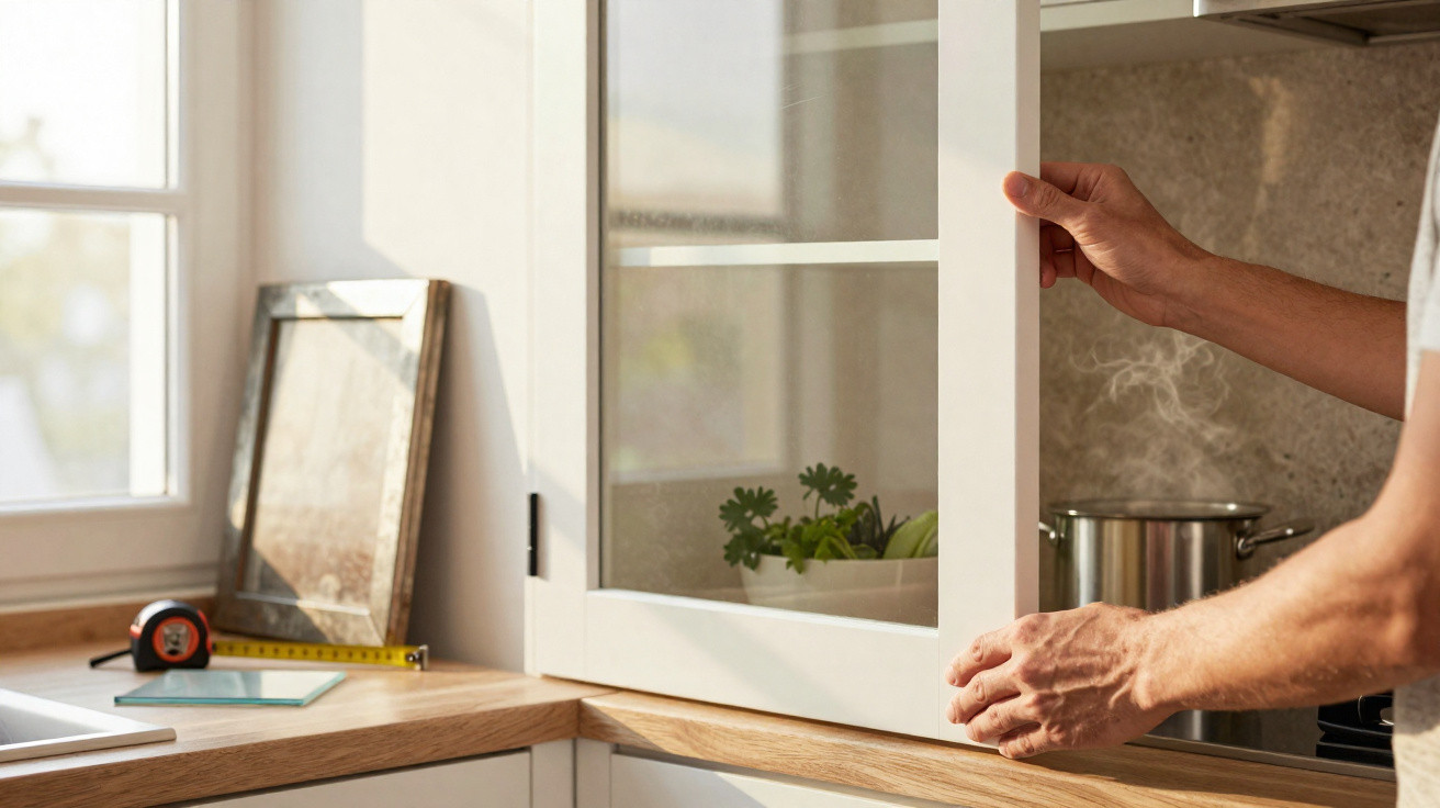 Person opening a white kitchen cabinet door above a wooden countertop with a steaming pot in the background.