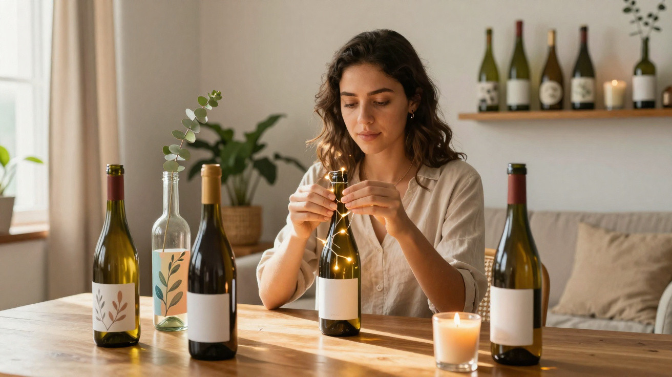 Woman winding fairy lights around a wine bottle on a wooden table with candles and plants in a cosy room.