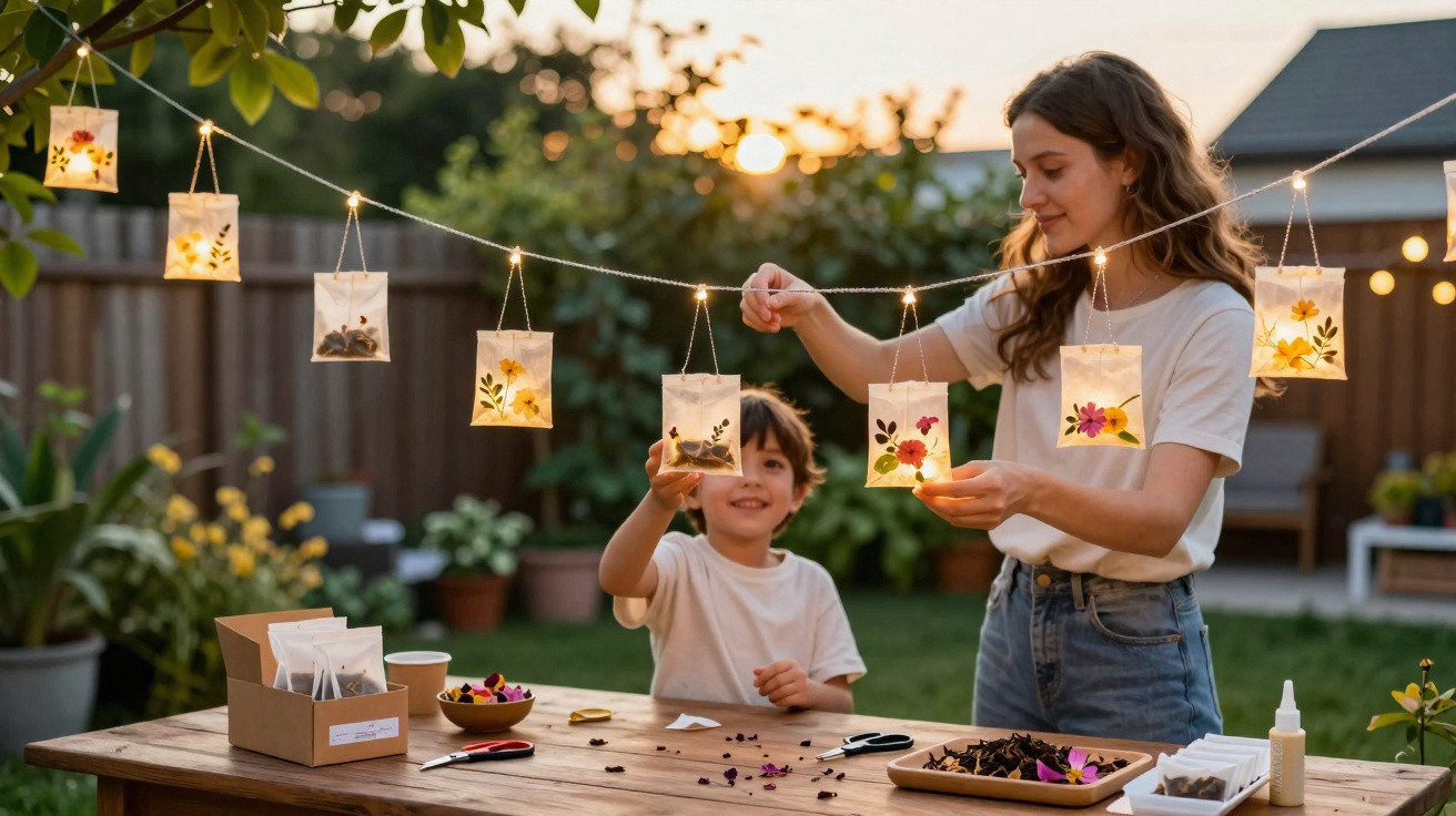 Woman and child hanging handmade floral lanterns on a string in a garden at dusk