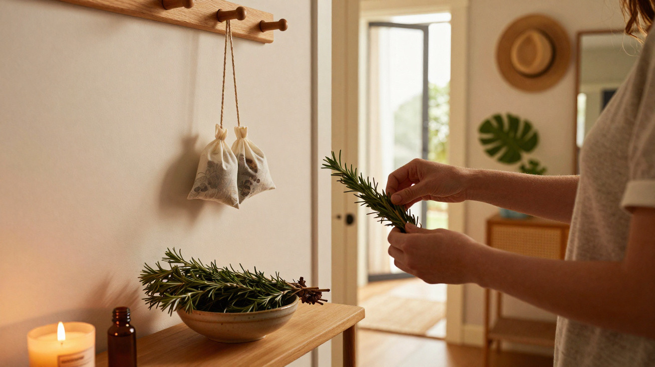 Person holding a rosemary sprig near a bowl of herbs on a wooden table with candle and sachets hanging on wall.