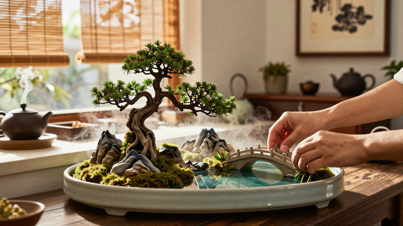 Hands arranging a miniature indoor bonsai garden with a small tree, rocks, moss, and a tiny arched bridge.