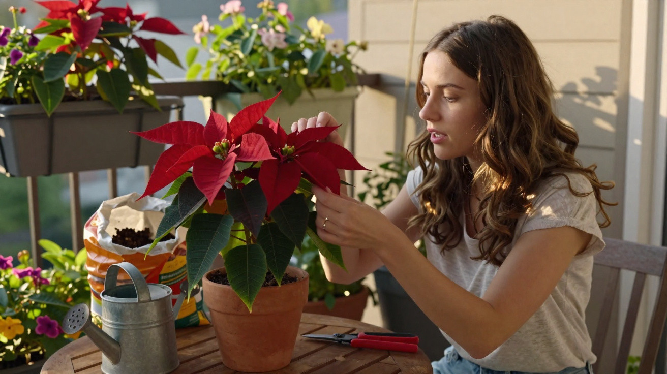 Woman tending a blooming poinsettia plant on a balcony table with gardening tools and watering can nearby.