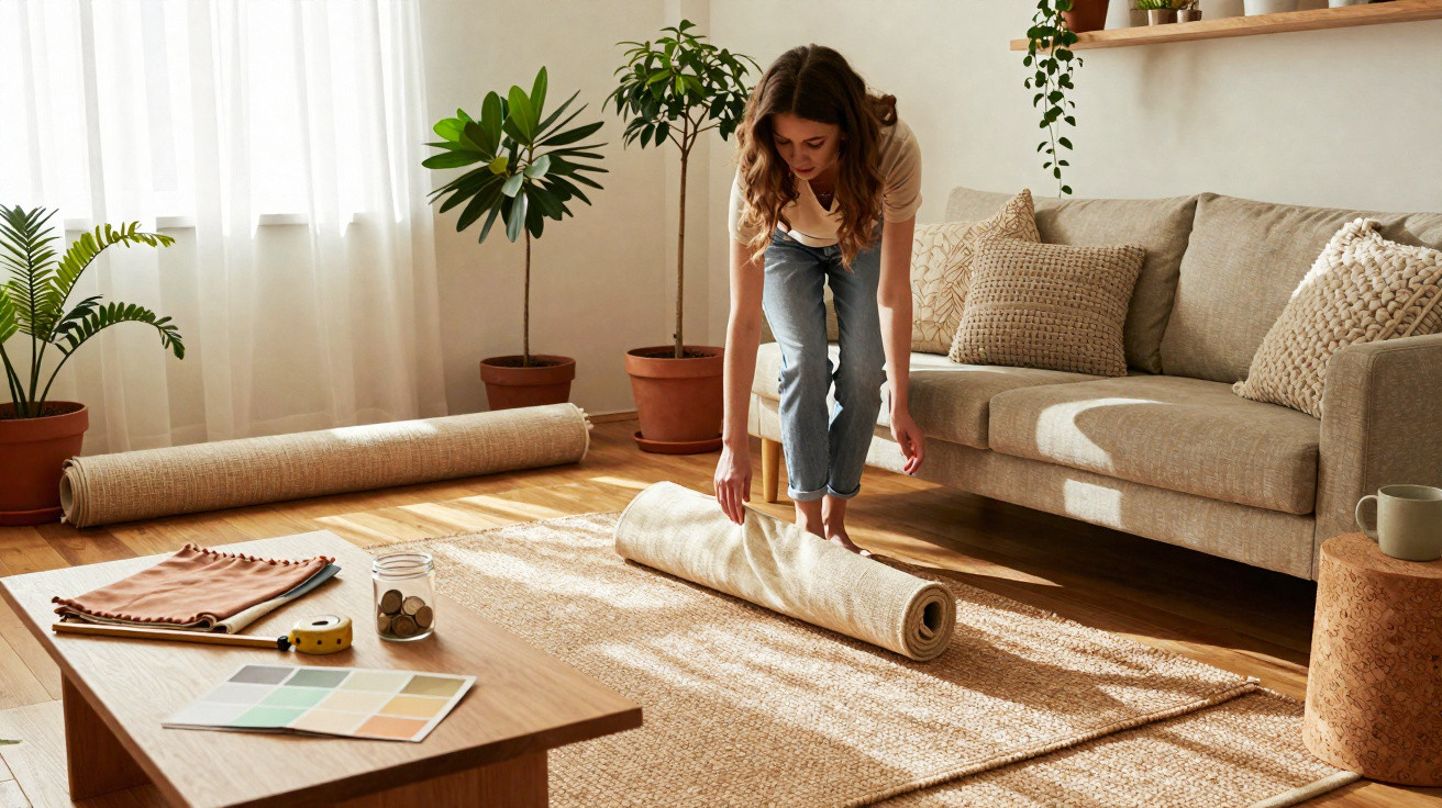 Woman unrolling a beige rug in a sunlit living room with plants and a sofa.