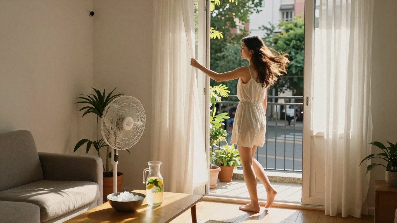 Young woman in white dress opens balcony door in a sunlit living room with plants and a fan.