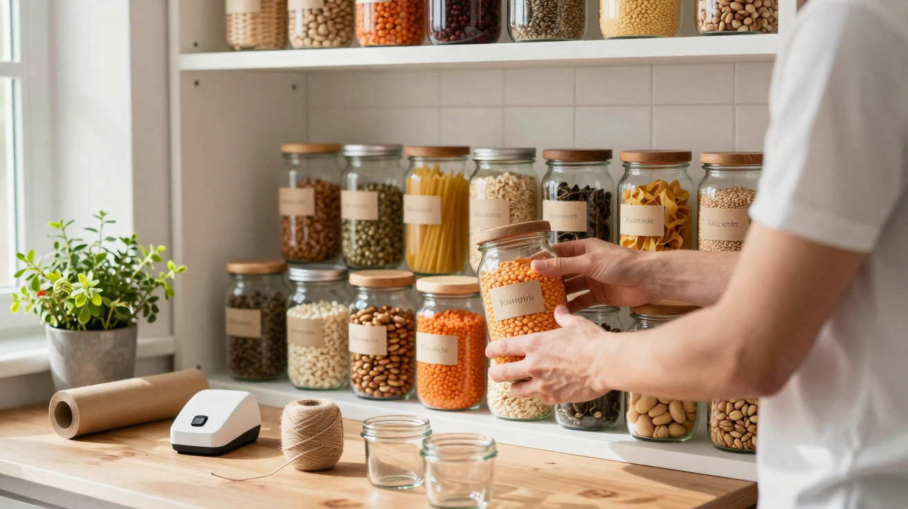 Person organising labelled glass jars filled with dried foods on kitchen shelves by a window with potted plant nearby.
