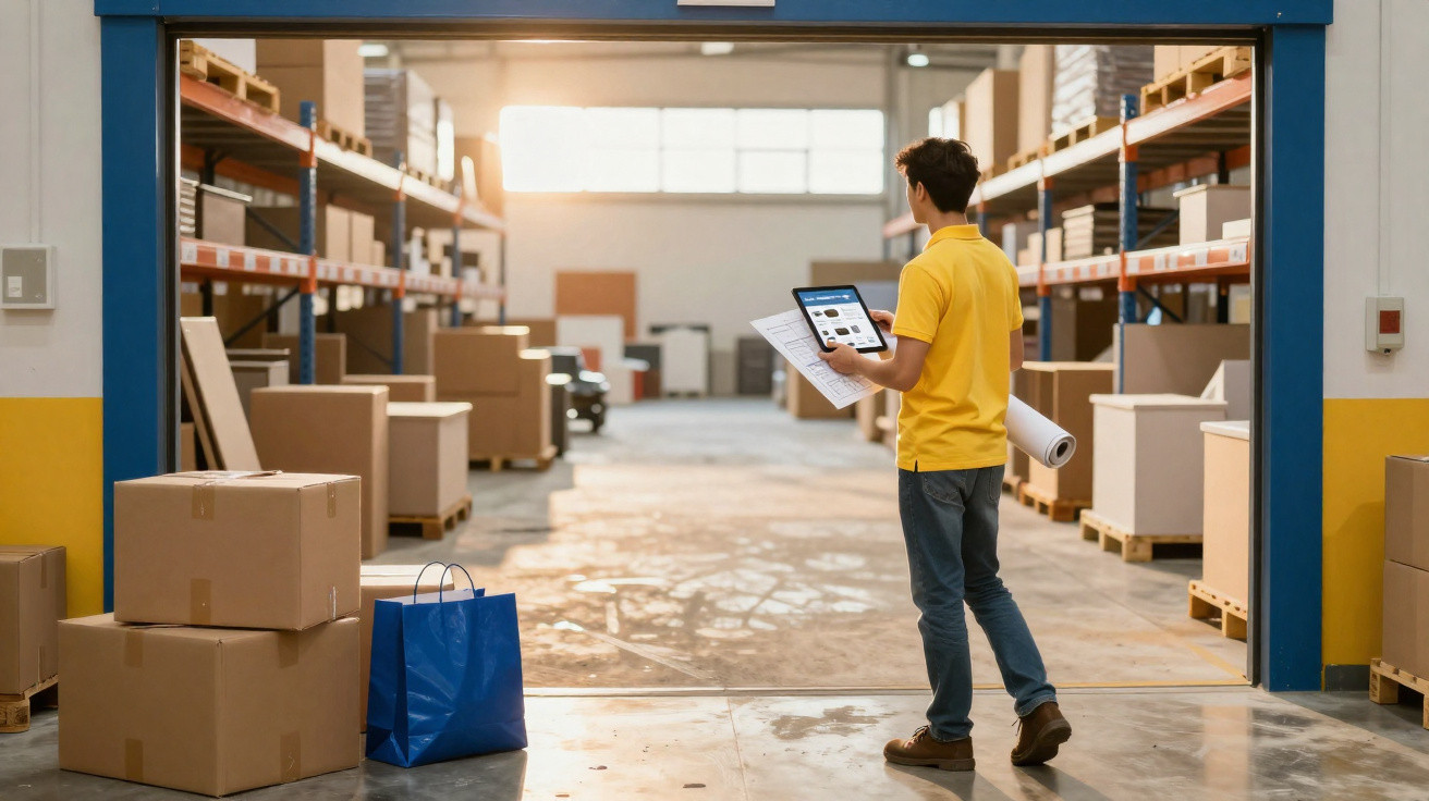 Man in yellow shirt using tablet inside warehouse with stacked cardboard boxes and shelves