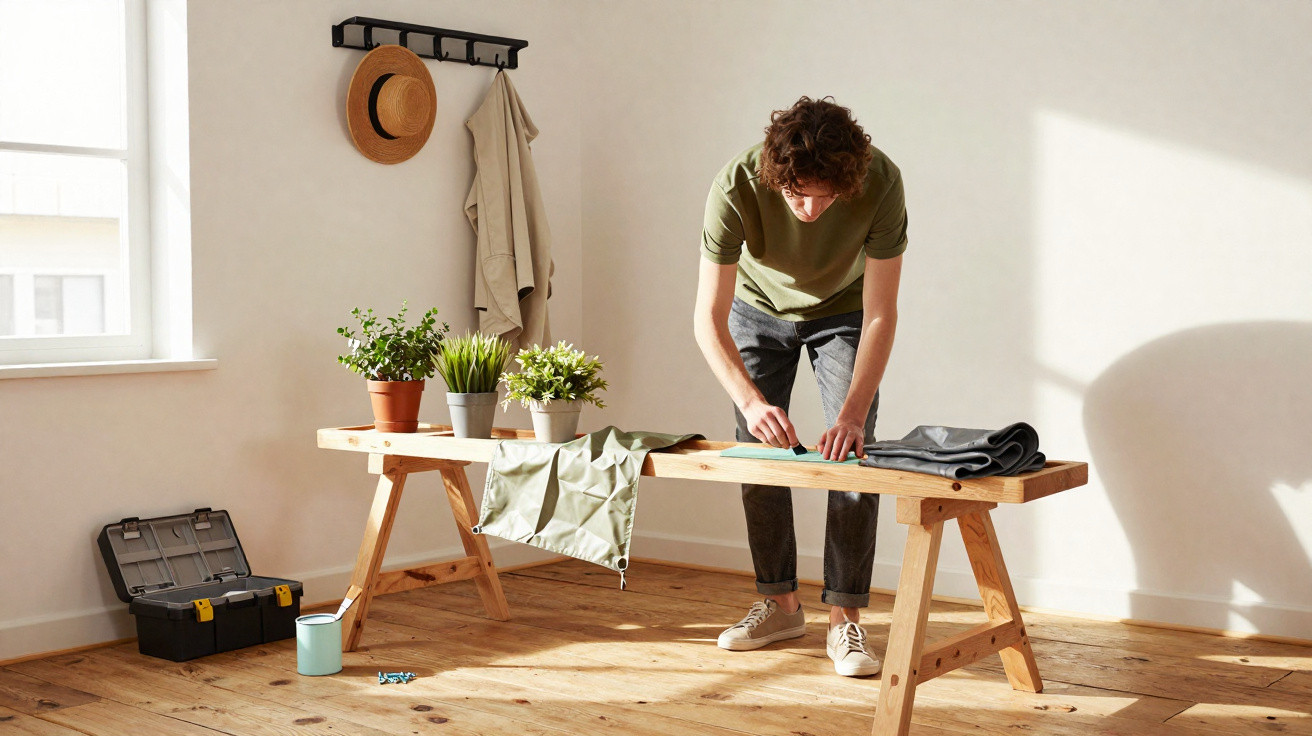Man working on a wooden table with plants, fabric, and tools in a bright, minimalistic room.