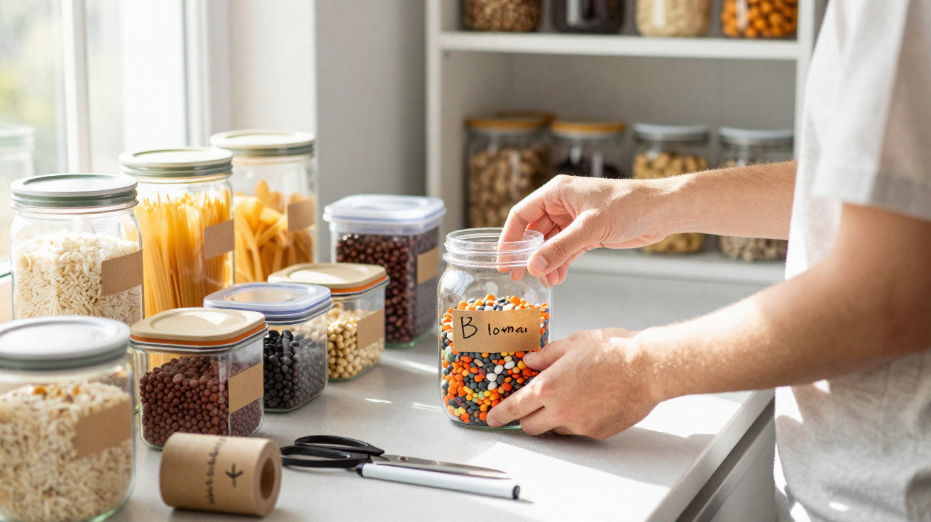 Person organising labelled jars of lentils, pasta, and grains on a kitchen countertop near a window.