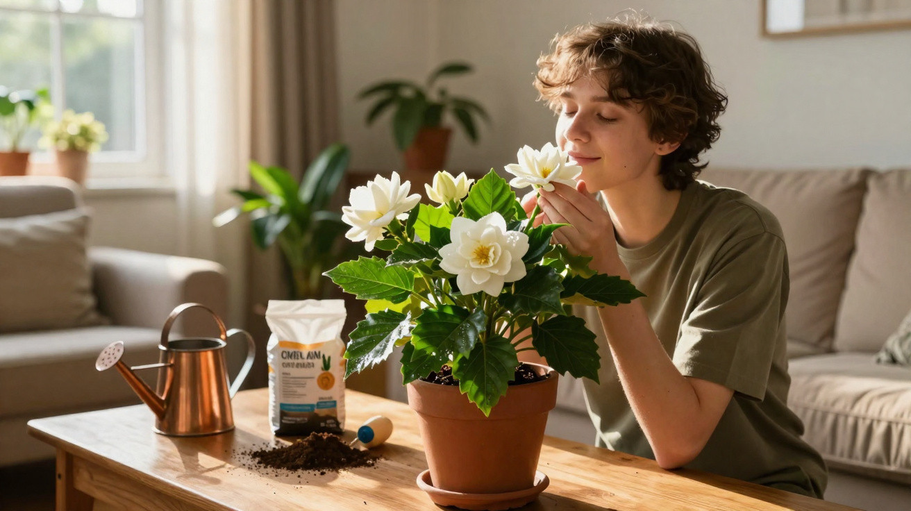 Young person enjoying the scent of white flowers on a potted plant in a sunlit living room.