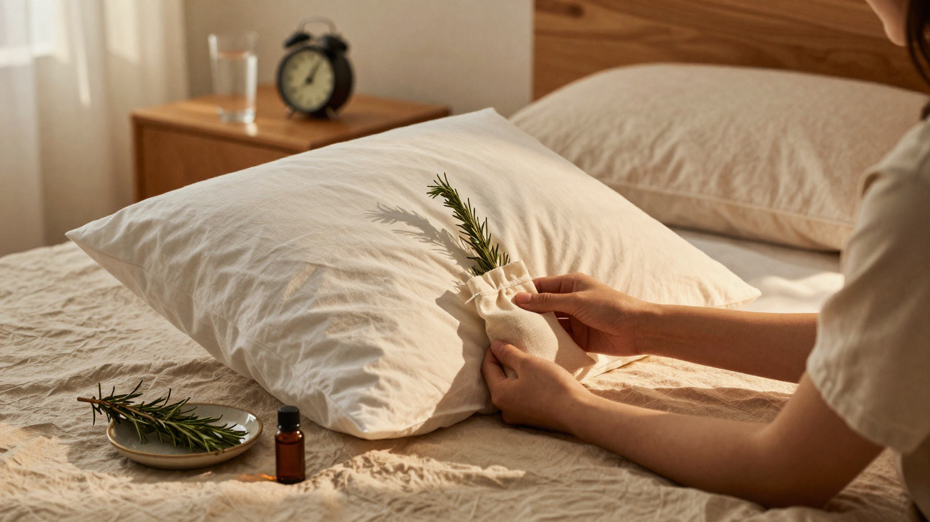 Person placing a small herb-filled sachet on a white pillow in a sunlit bedroom with a bedside clock.