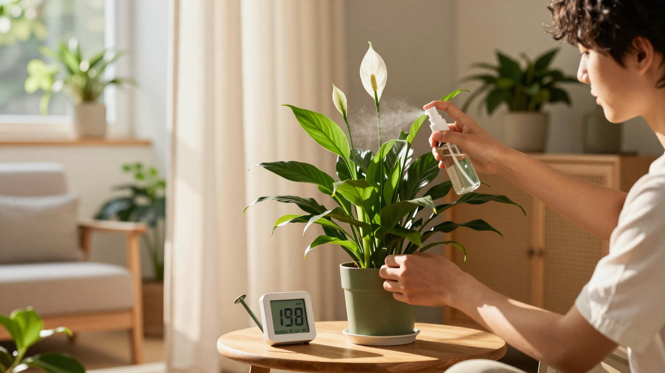 Person spraying water mist on a green potted plant on a wooden table in a sunlit room.