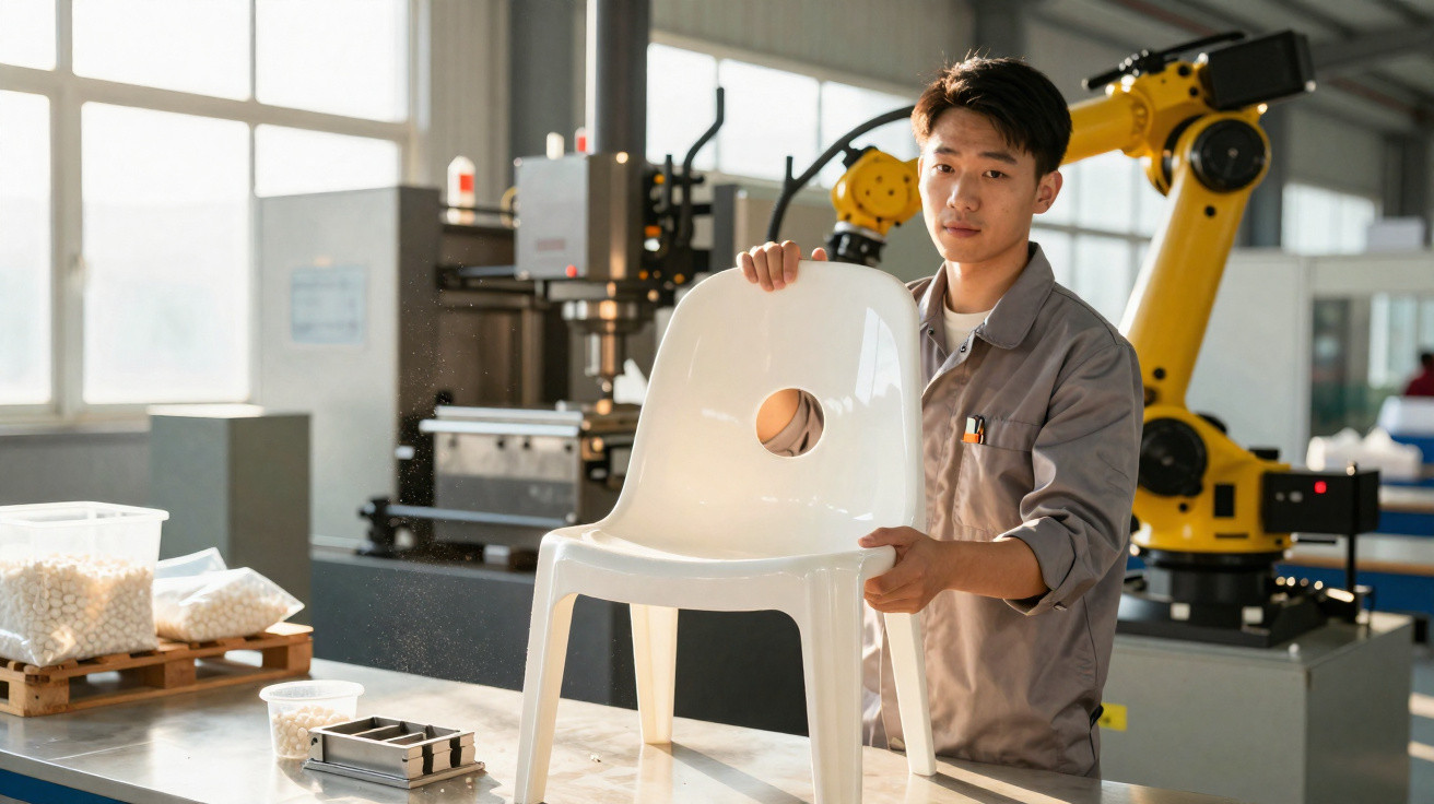 Man inspecting a white plastic chair in a factory with robotic machinery in the background.