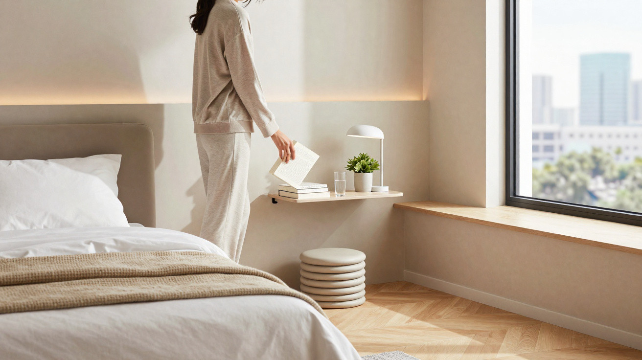 Person in beige loungewear placing a book on a floating shelf beside a bed in a bright, minimalist bedroom.