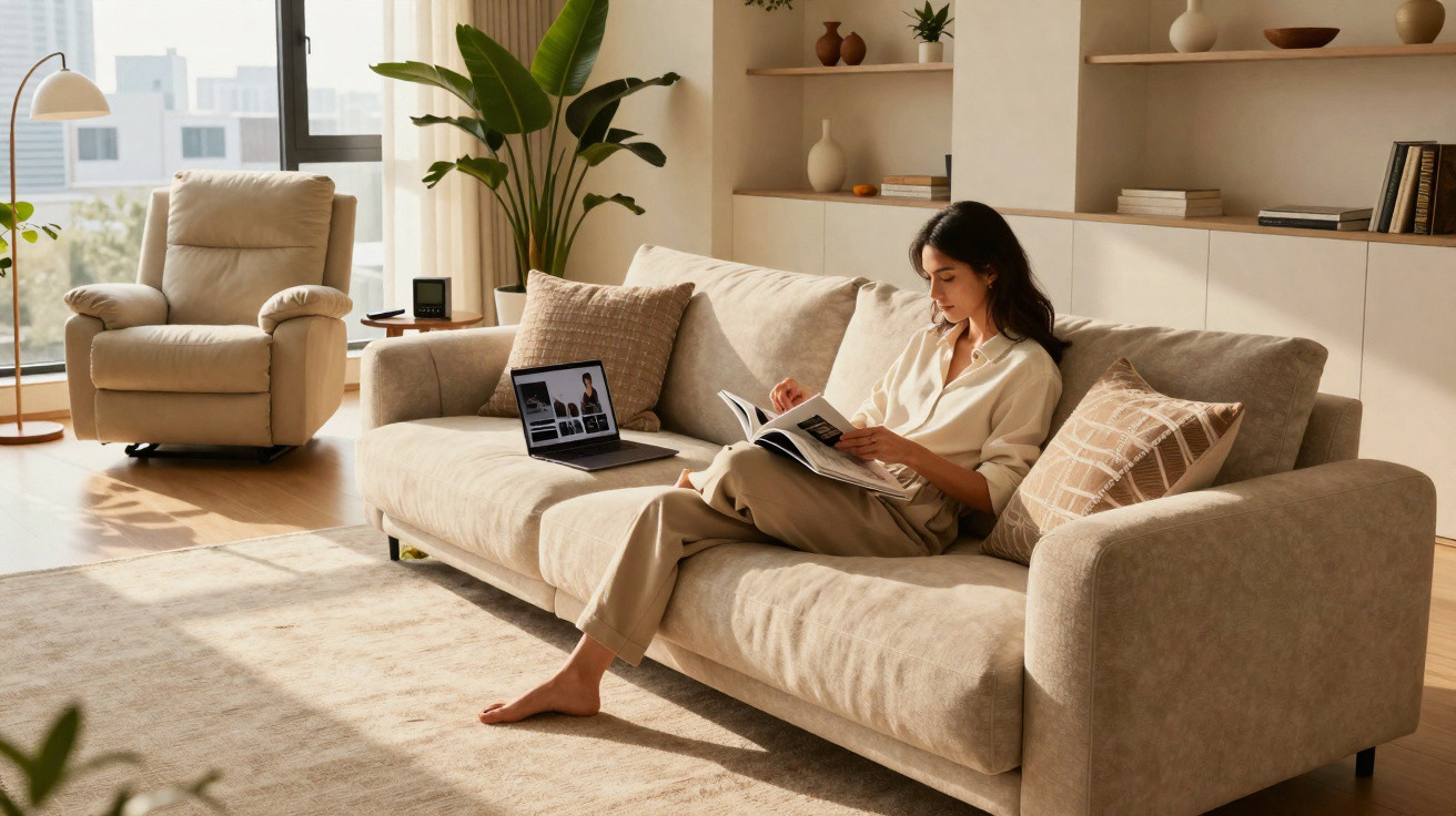Woman reading a book on a beige sofa in a sunlit living room with a laptop and armchair nearby.