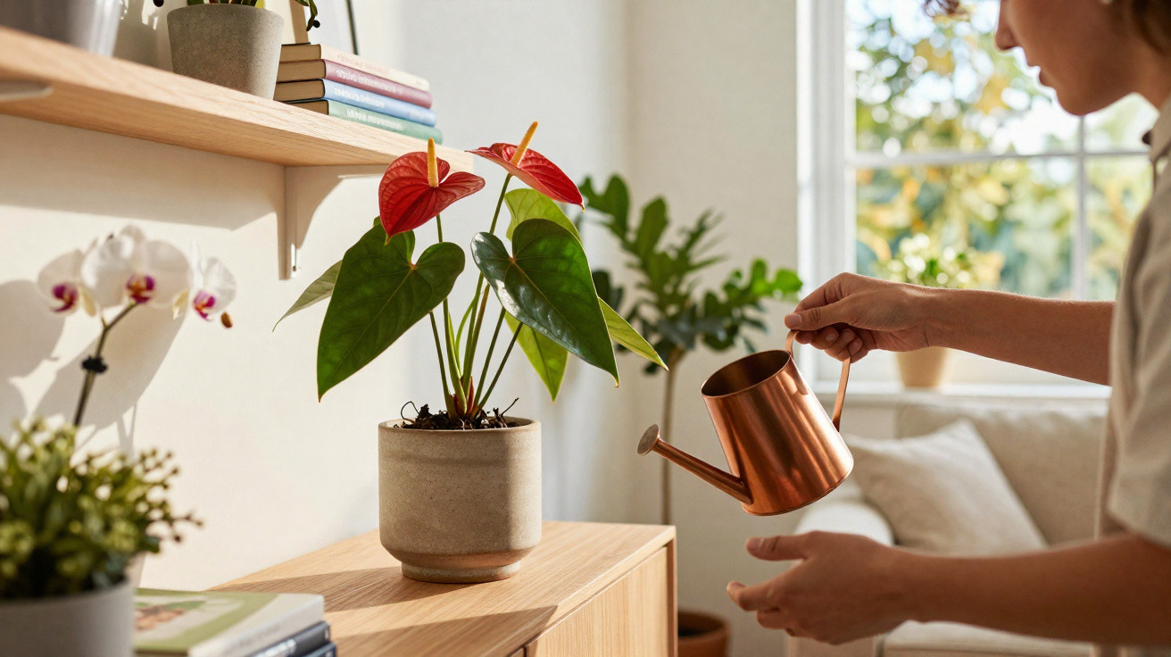 Person watering a red anthurium plant indoors with a copper watering can near a window on a wooden sideboard.