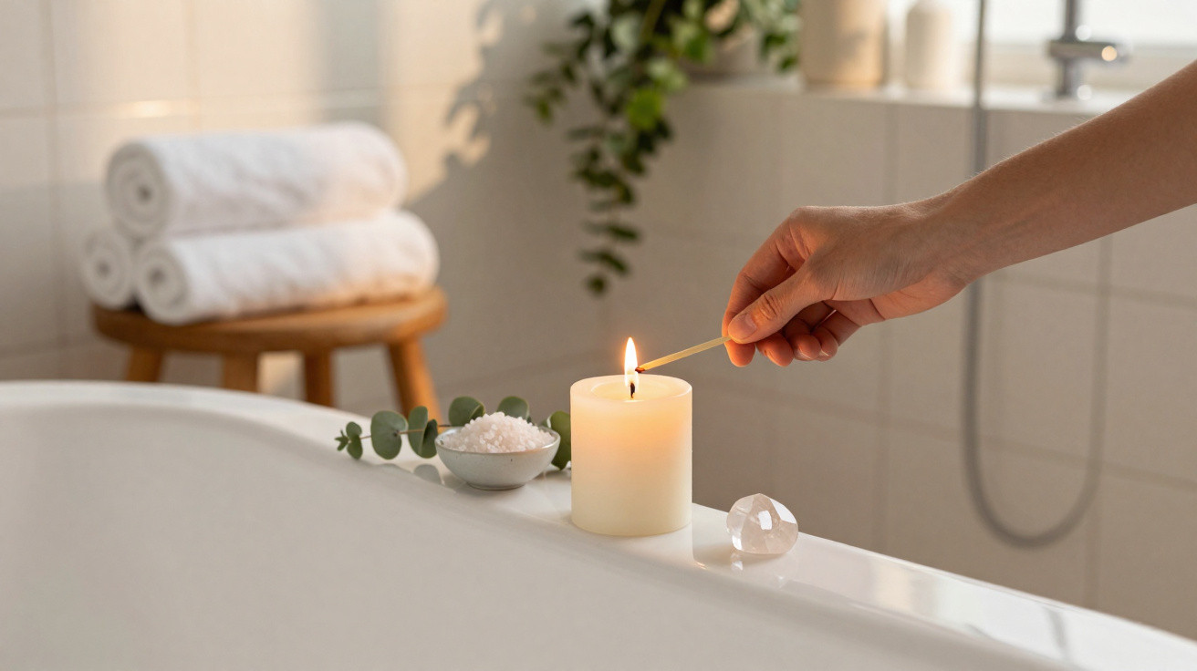 Hand lighting a candle on the edge of a bathtub with towels and bath salts in the background.