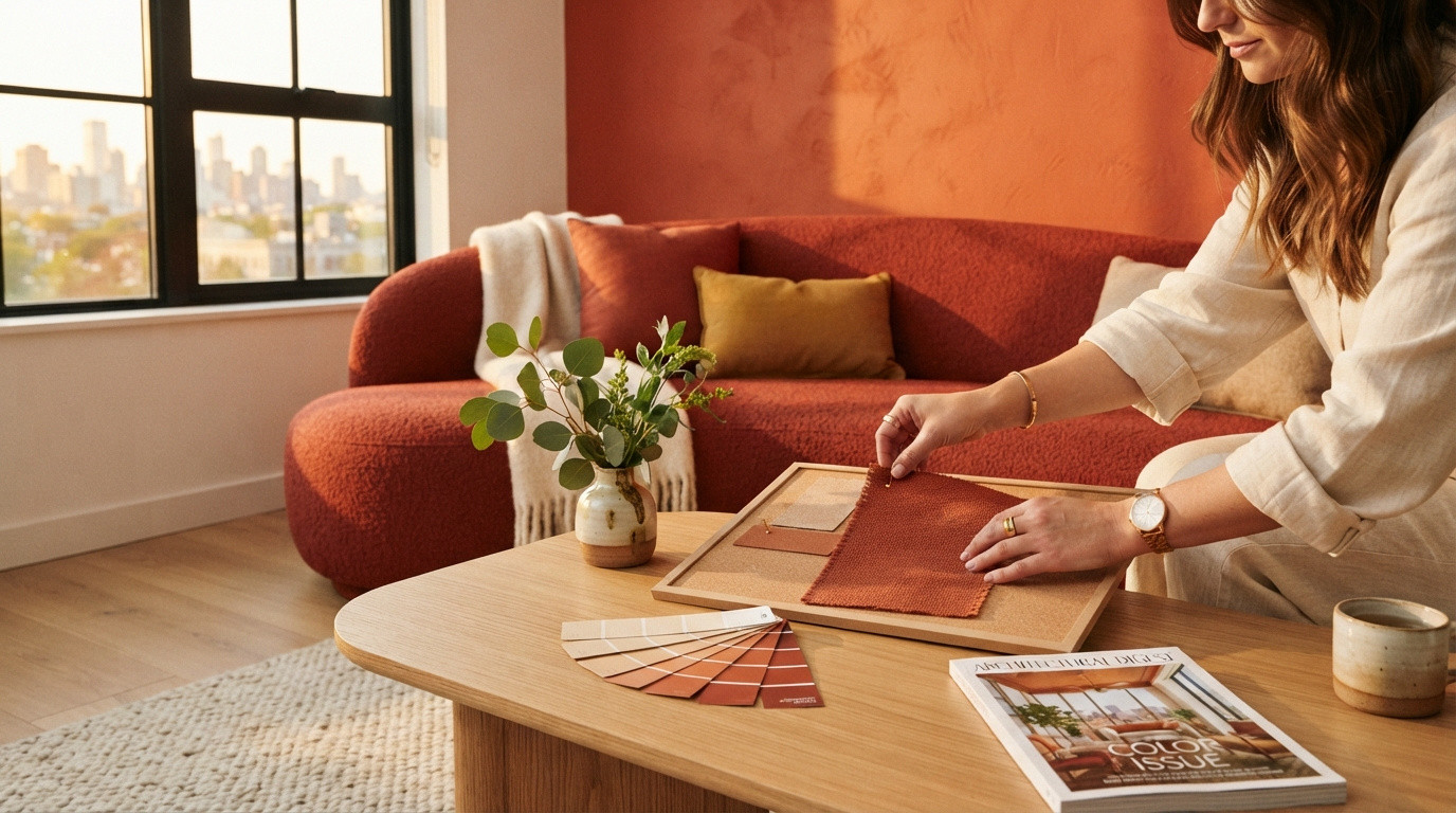 Person selecting fabric swatches on a table in a cosy living room with a terracotta sofa and cushions.