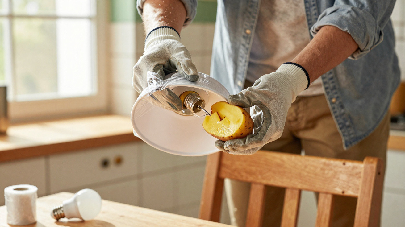 Person wearing gloves inserting a light bulb into a lampshade with a cut potato in a kitchen setting.