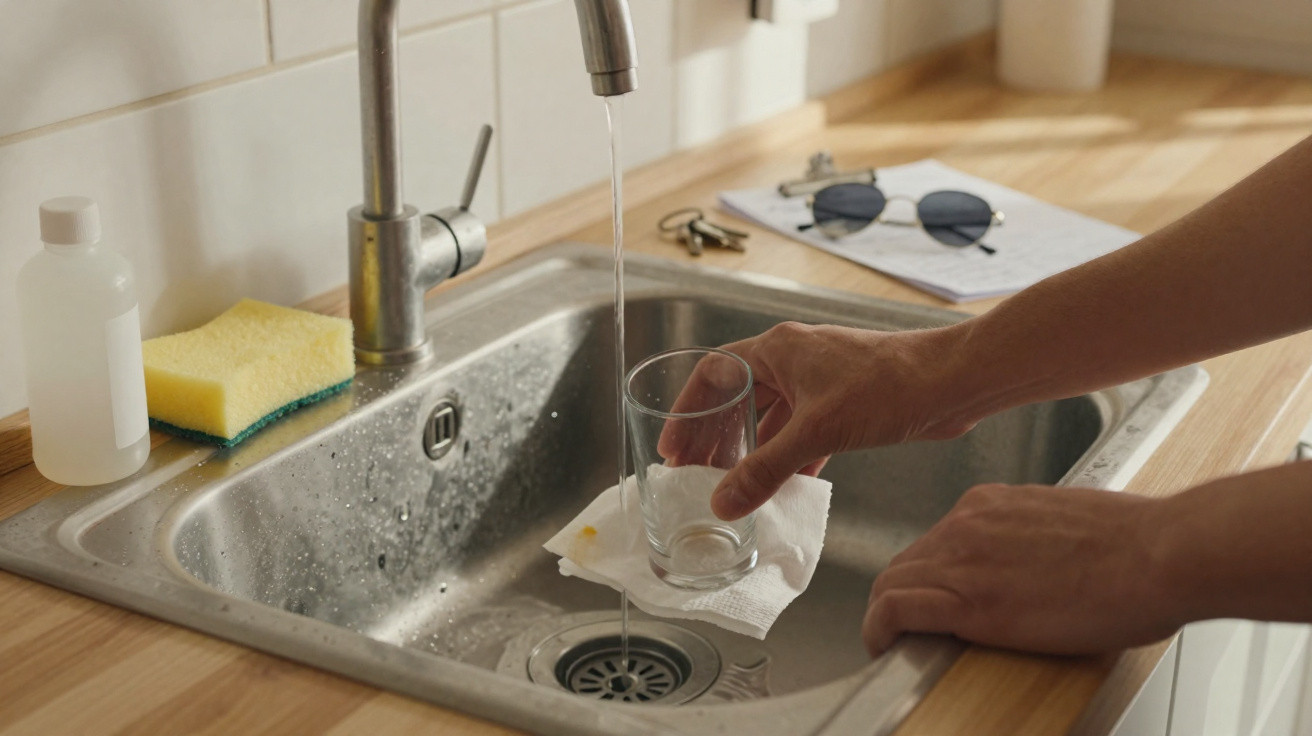 Person holding a glass under a running tap in a kitchen sink with cleaning supplies nearby