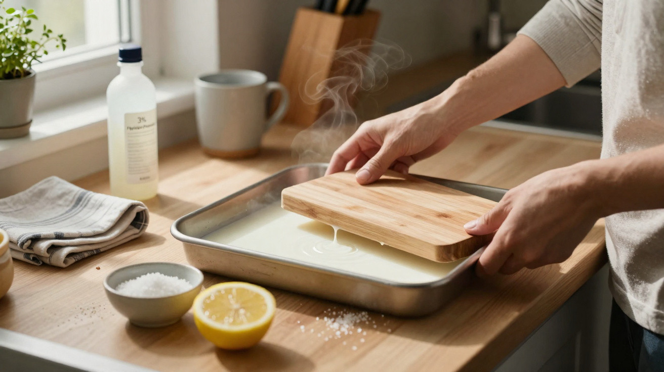 Person pressing a wooden board onto a steaming tray of liquid on a kitchen countertop.