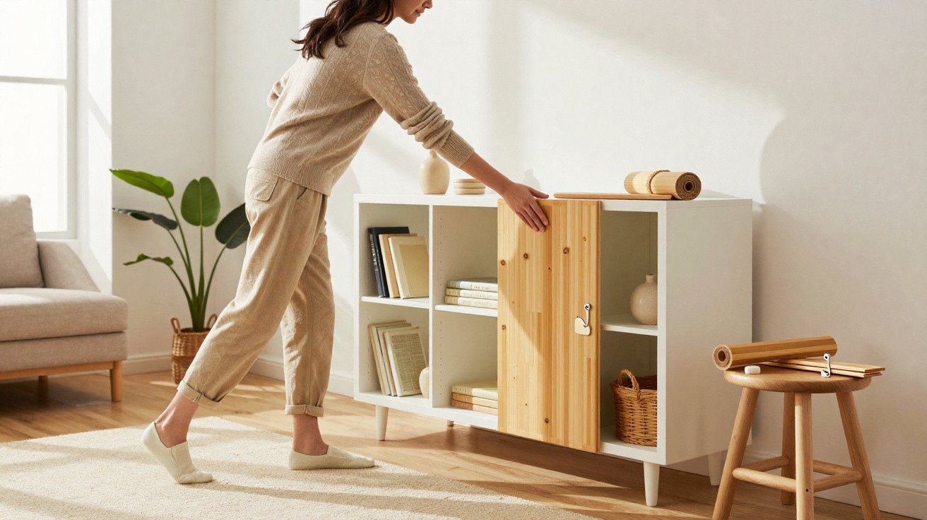 Person opening wooden cabinet door on white storage unit in bright living room with plant and stool