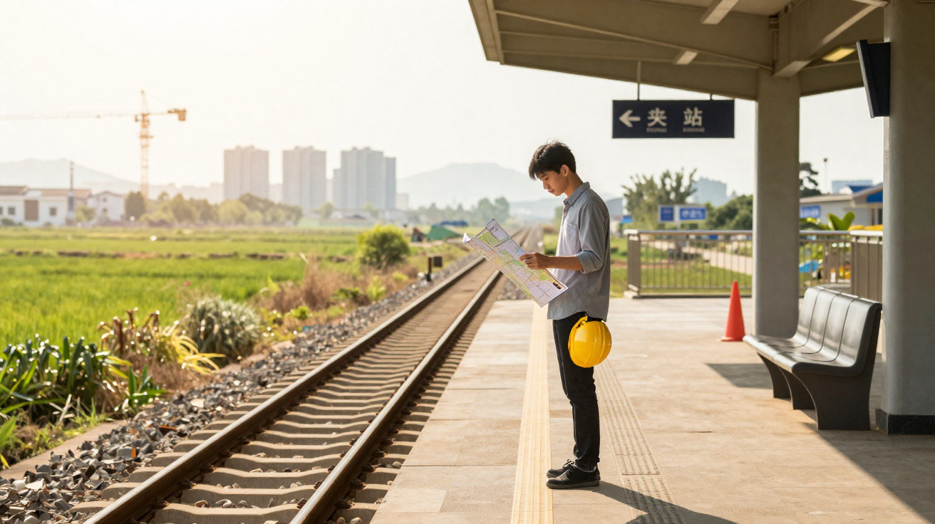 Man with yellow helmet reading a map on a sunny railway platform near green fields and distant buildings.